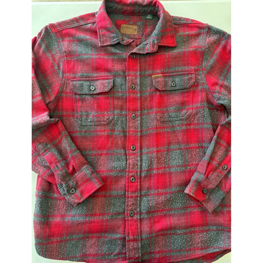 Orvis Mens Red Gray Plaid Flannel Shacket Jacket Button Up Medium Pocket Classic